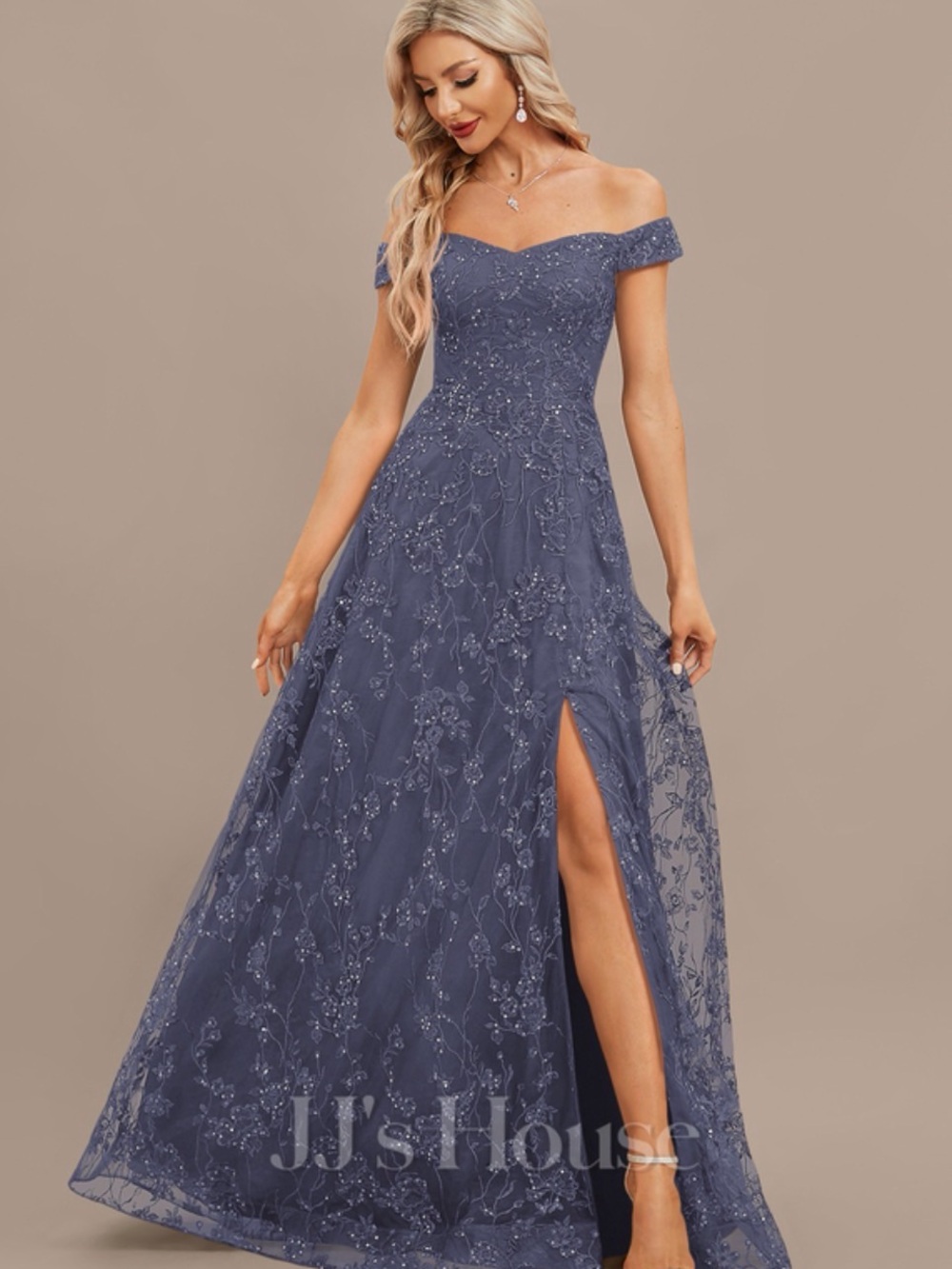 JJs House Slate Blue Lace A-Line Evening Gown